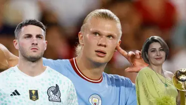 Santiago Giménez junto a Erling Haaland y Rafaela Pimenta / FOTO RELEVO
