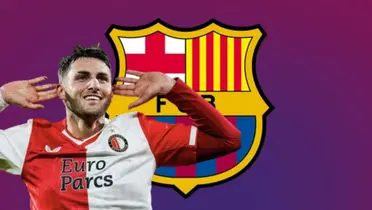 Santiago Giménez junto al escudo del FC Barcelona / FOTO AFP