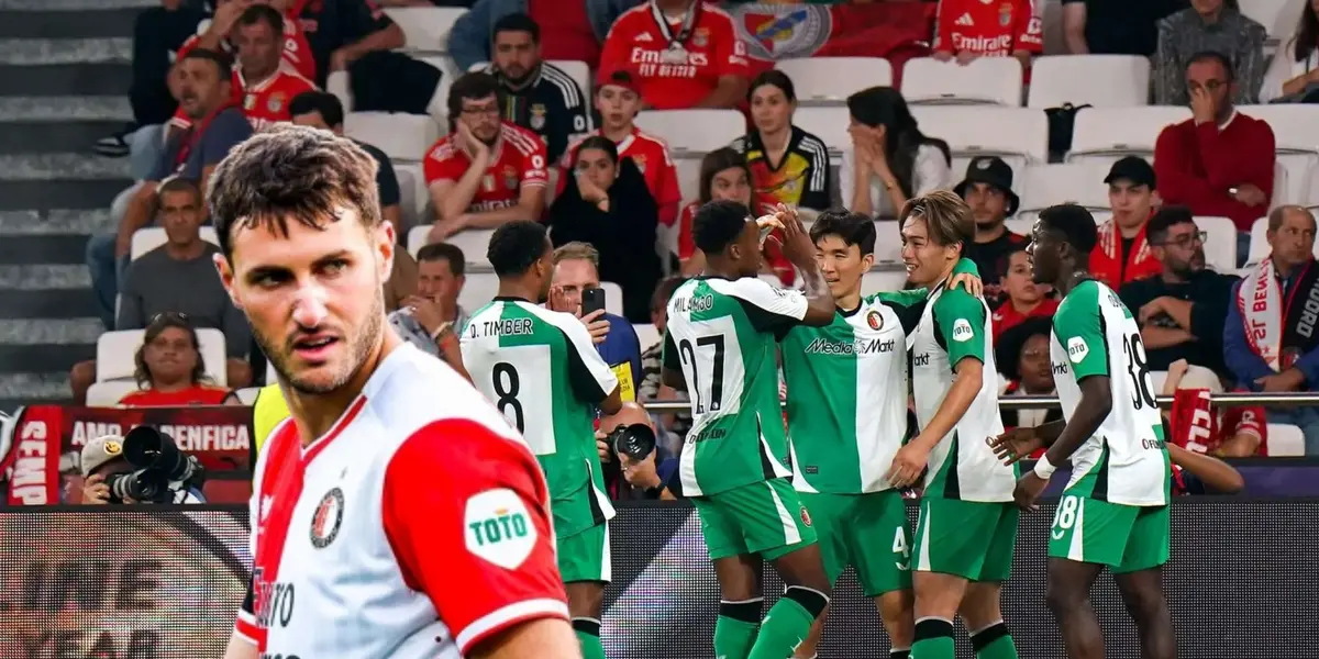 Santiago Giménez observando y jugadores del Feyenoord festejando/Foto Muy de Fútbol.