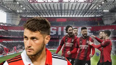 Santiago Giménez serio y futbolistas del Milán festejando/ Foto Serie A.