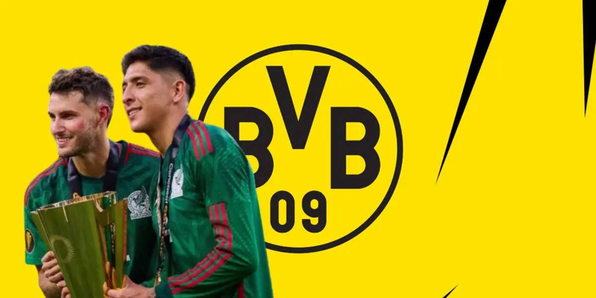 Santiago Giménez y Edson Álvarez junto al escudo del Borussia Dortmund / FOTO MEXSPORT
