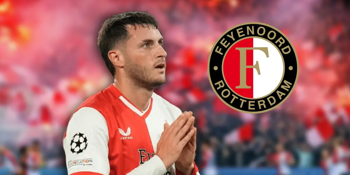 Santiago Giménez y escudo del Feyenoord./Foto Línea Directa.