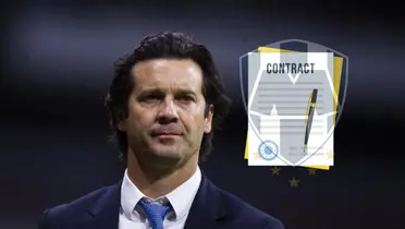 Santiago Solari, contrato animado y logo de Rayados difuminado/Foto Mediotiempo.