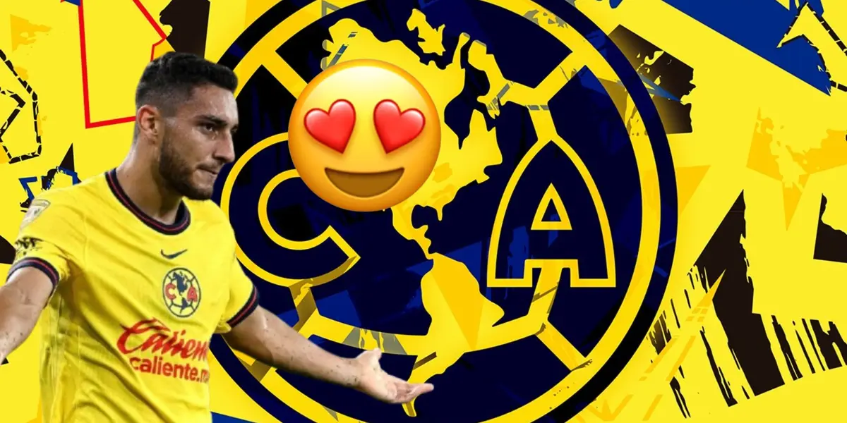 Sebastián Cáceres junto al escudo del Club América / FOTO JUANFÚTBOL