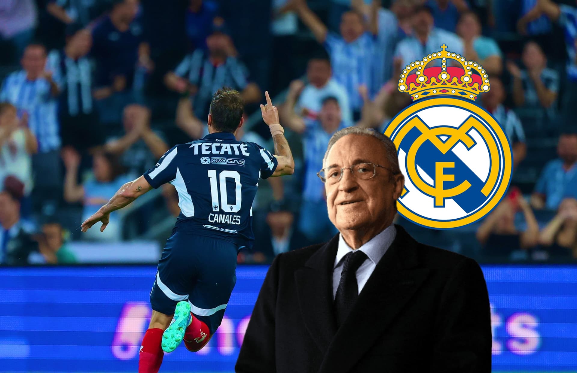 Sergio Canales celebrando, Florentino Pérez y logo del Real Madrid/ Foto Soy Rayado.