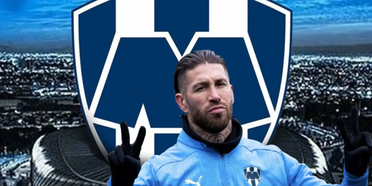 Sergio Ramos junto al escudo de Rayados / FOTO N MÁS