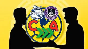 Silueta de dos futbolistas y logos de Mazatlán y Puebla/Foto Club América.