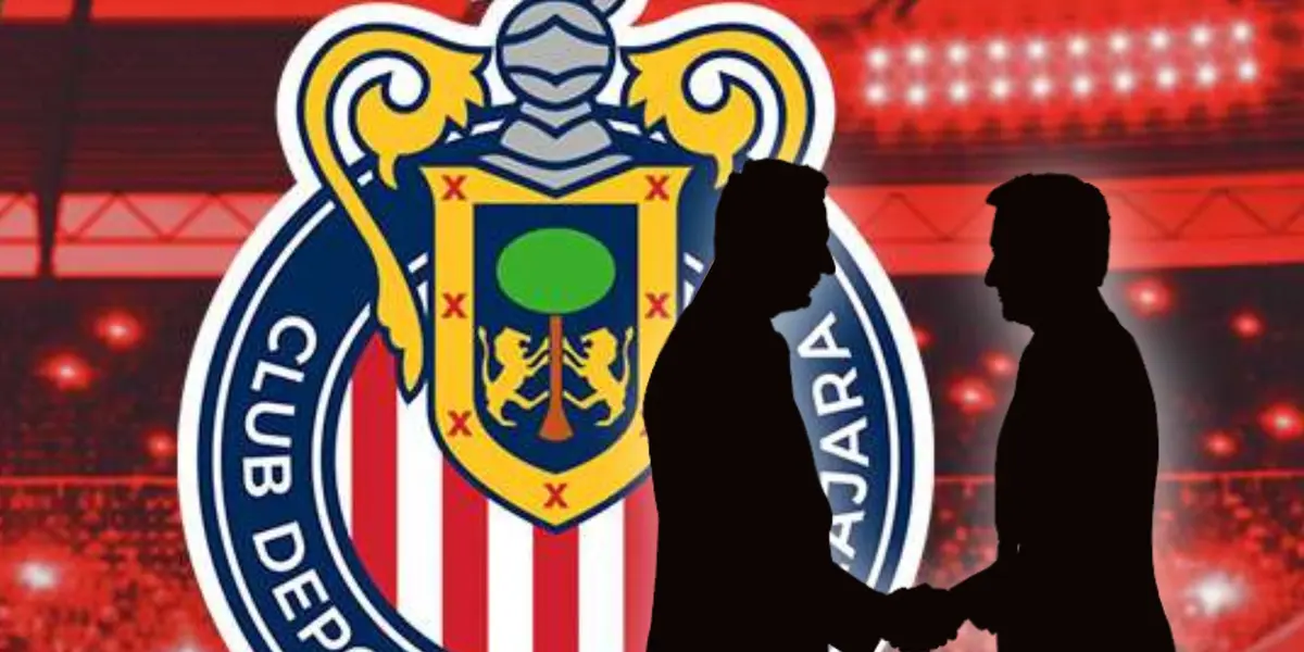 Silueta de dos hombres dándose la mano y escudo de Chivas/Foto Claro Sports.