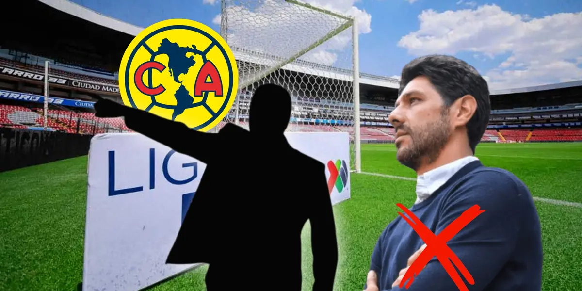 Silueta de entrenador, escudo del América y Diego Cervantes a su lado/ Foto Fútbol Total.