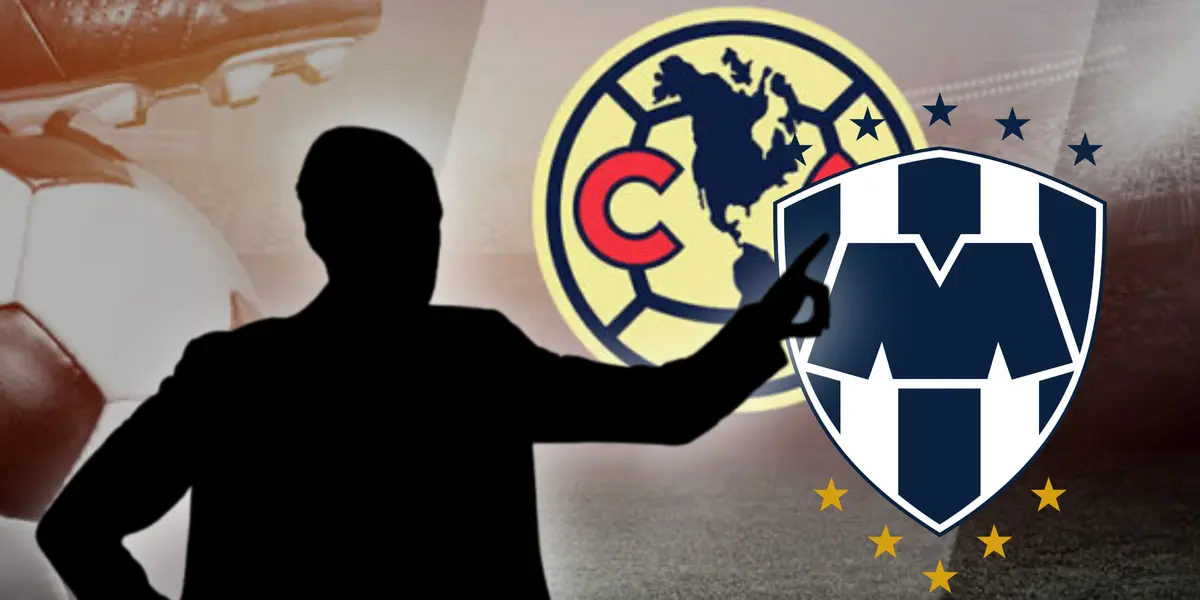 Silueta de entrenador y escudos de América y Monterrey/Foto Uno TV.
