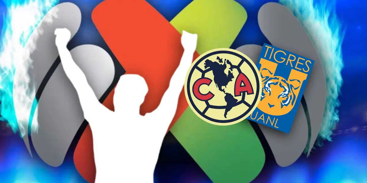 Silueta de futbolista, escudos de América y Tigres/Foto Marca.