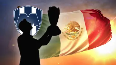 Silueta de hombre alzando copa, bandera de México y escudo de Rayados/Foto Wallpapers.com