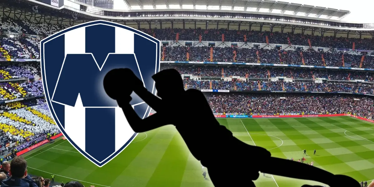 Silueta de portero atrapando balón, Santiago Bernabéu y escudo de Monterrey/Foto Goal.