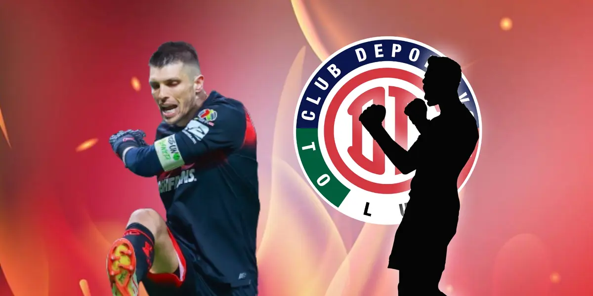 Tiago Volpi pateando y silueta de portero celebrando/ Foto Toluca.