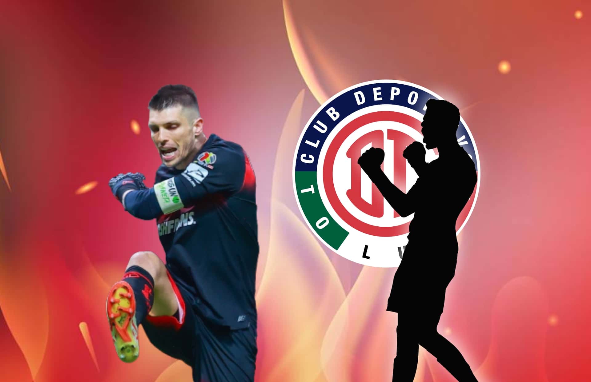 Tiago Volpi pateando y silueta de portero celebrando/ Foto Toluca.