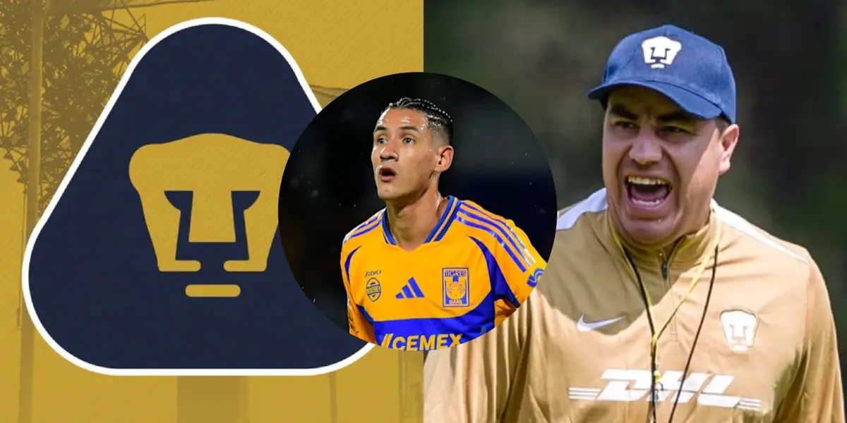 Uriel Antuna junto al escudo de Pumas y Efraín Juárez / FOTO 90 MIN