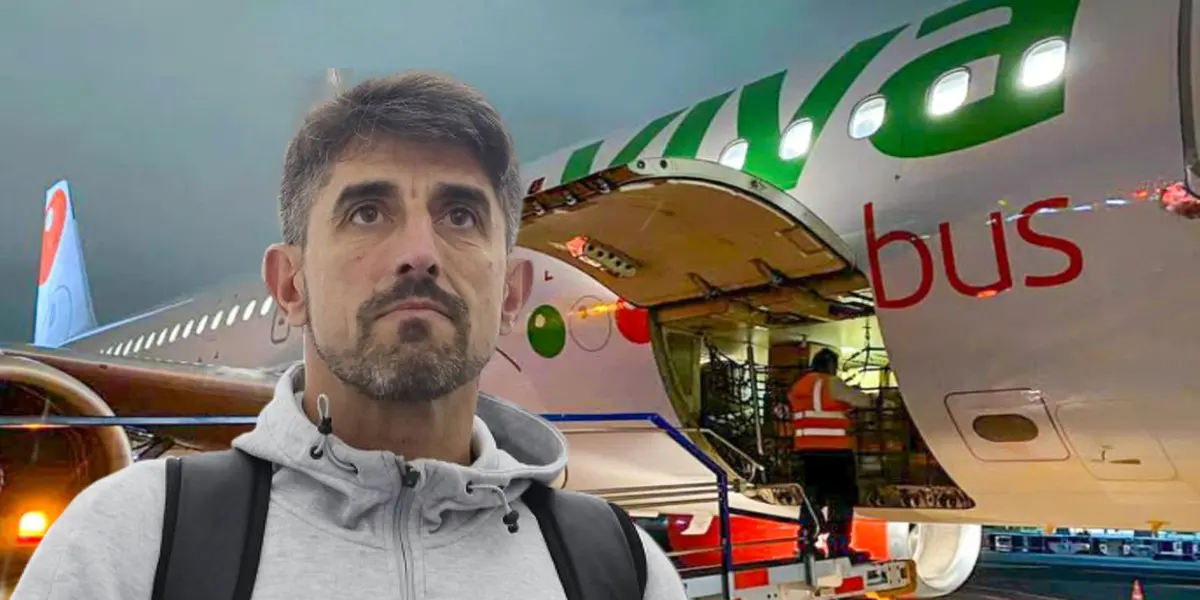 Veljko Paunovic y avión 'Viva Aerobus' detrás de él/Foto T21.