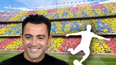 Xavi Hernández sonriente y silueta de futbolista pateando/ Foto Sport.