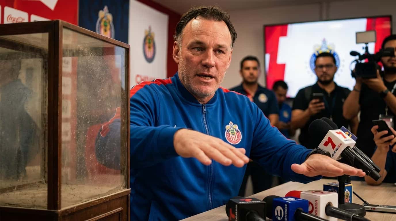 Gabriel Milito pidiendo paciencia en rueda de prensa junto a una vitrina sin títulos