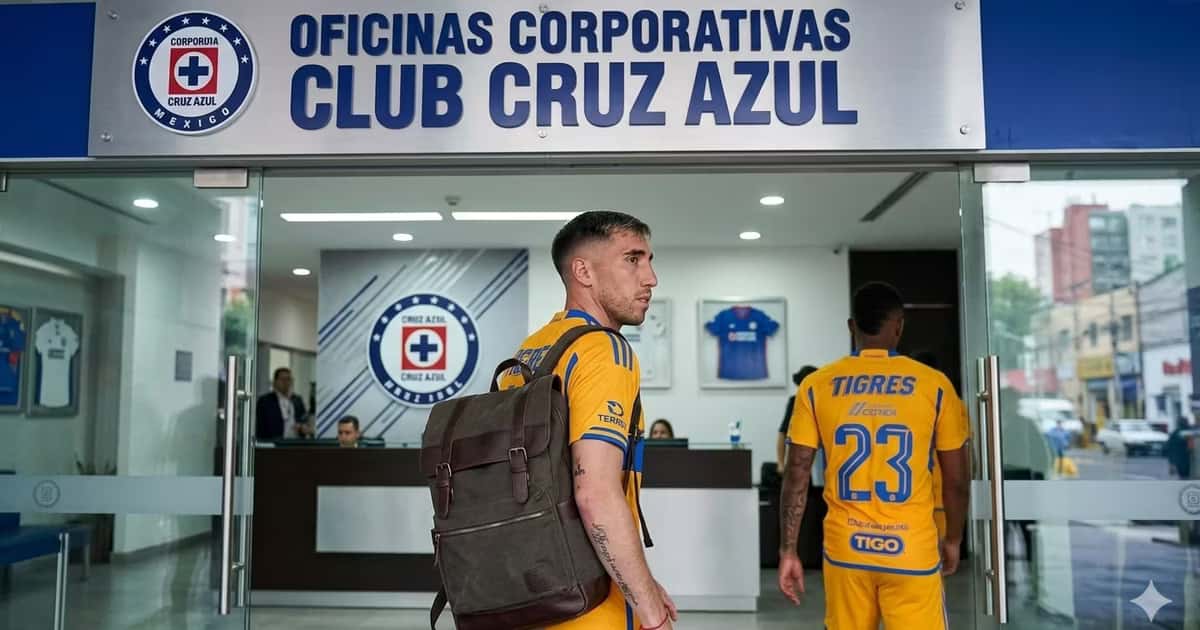 Ilustración de los jugadores de Tigres llegando a Cruz Azul
