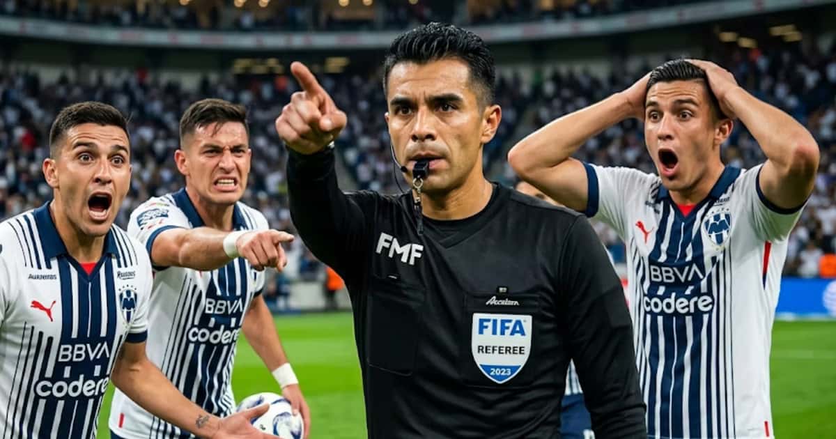 El árbitro Adonai Escobedo pitaando un penalti, mientras jugadores de Monterrey reclaman