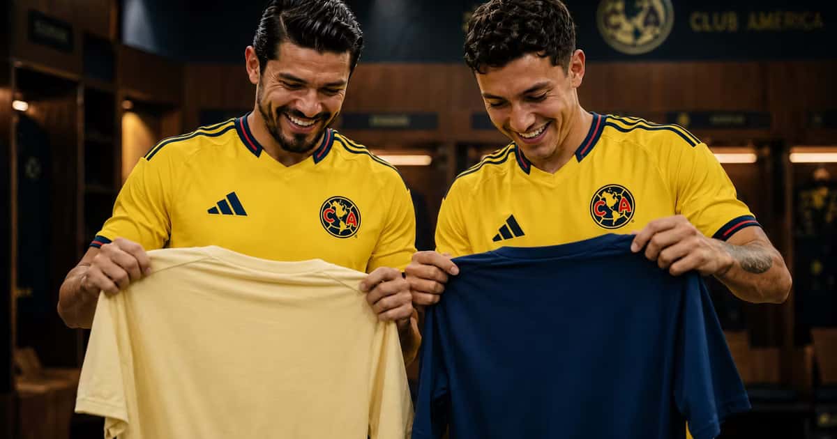 Alejandro Zendejas y Henry Martin observan camiseta conmemorativa de Club America por sus 110 años