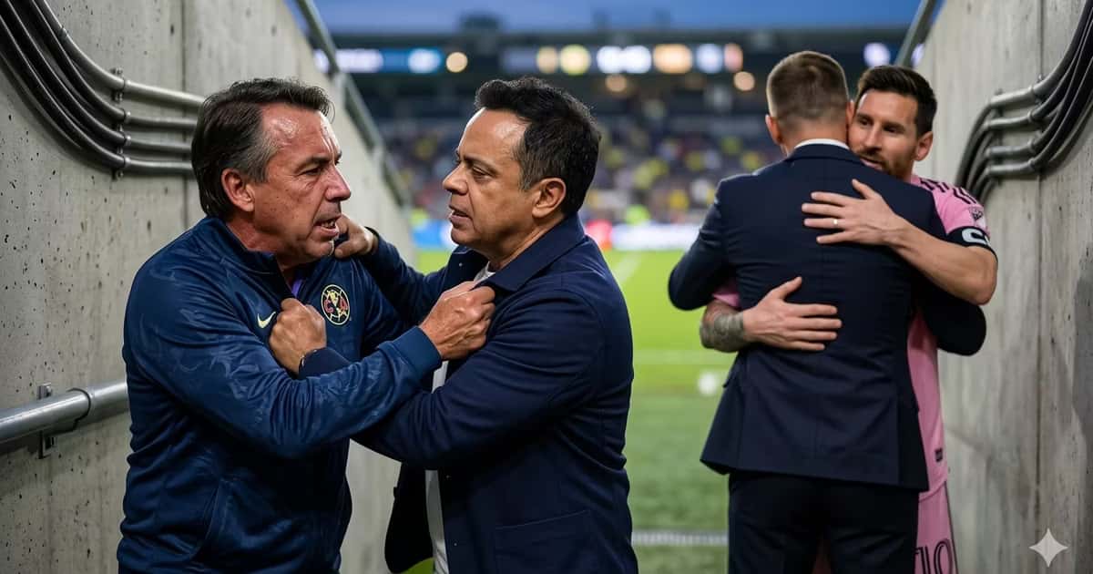 Ilustración de Emilio Azcárraga peleando con Víctor Velázquez y en el fondo Lionel Messi