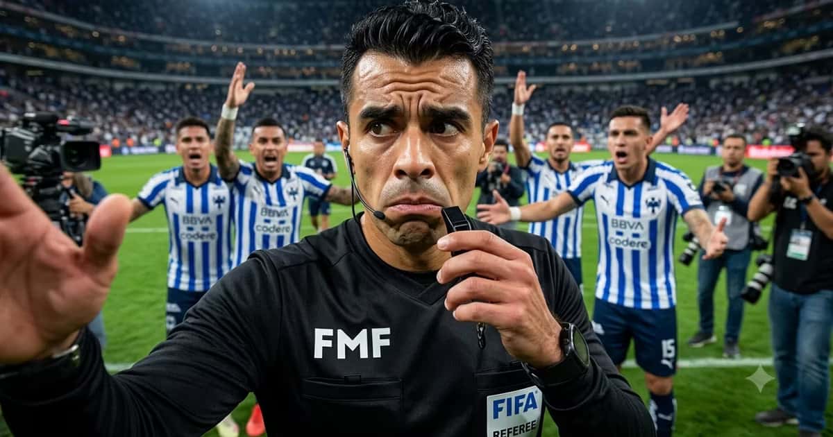 Adonai Escobedo preocupado con jugadores detrás reclamando mientras las cámaras miran.