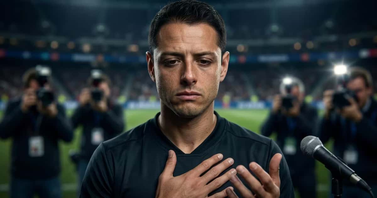 Javier "Chicharito" Hérnandez con la mane en el pecho pidiendo disculpas ante los medios