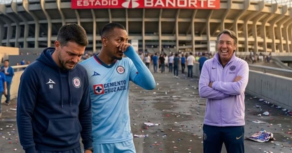 Ilustración digital del personal de Cruz Azul triste frente al Estadio Banorte