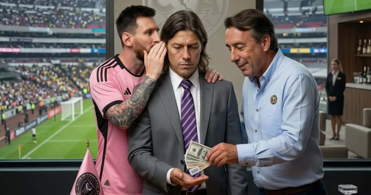 Ilustración digital de Lionel Messi convenciendo a Matías Almeyda de no firmar con el Club América