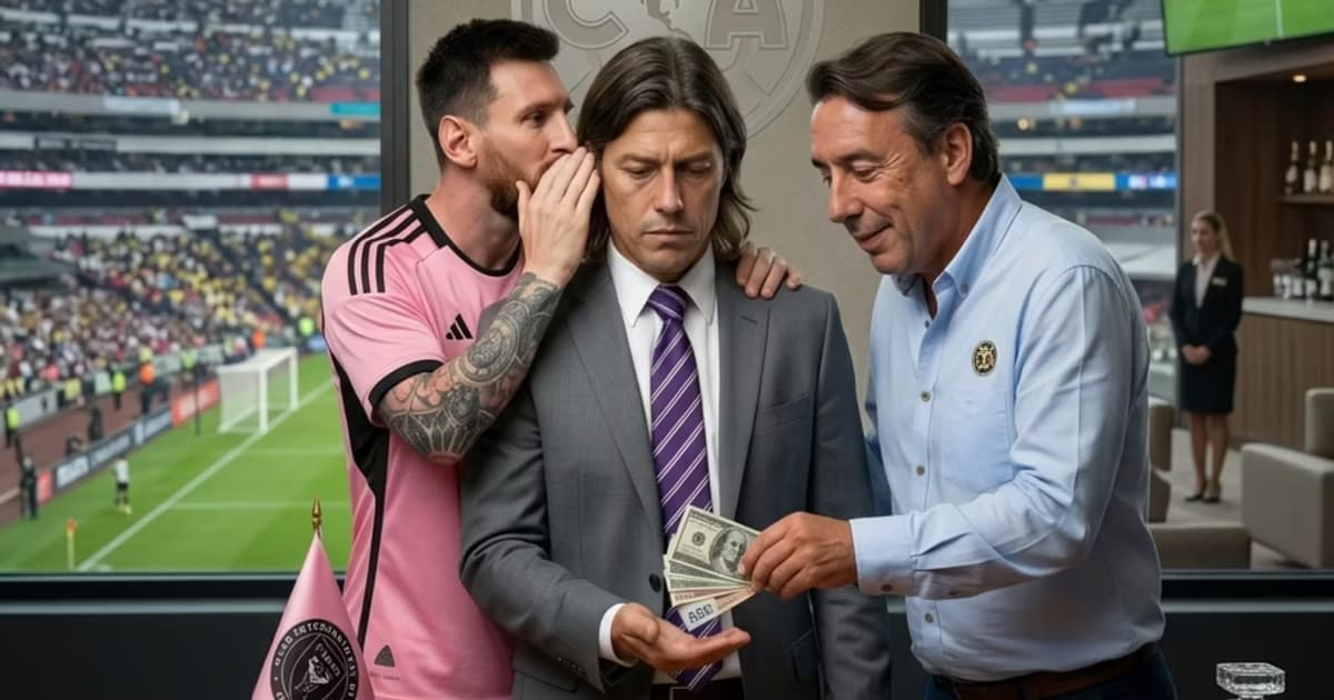 Ilustración digital de Lionel Messi convenciendo a Matías Almeyda de no firmar con el Club América