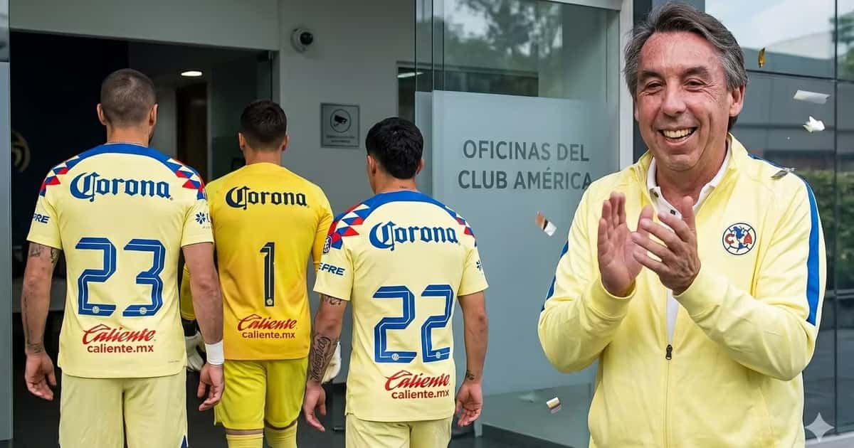 Ilustración digital de Emilio Azcárraga con tres jugadores nuevos del Club América