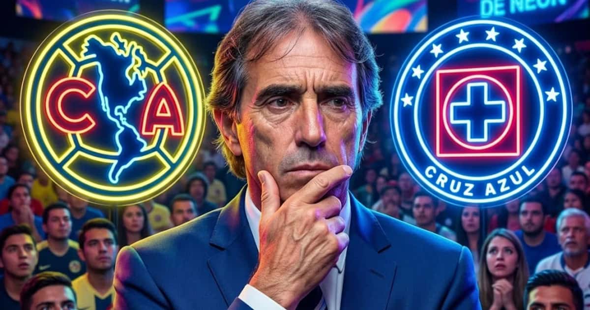 Ilustración digital de Guillermo Almada pensando entre Club América y Cruz Azul