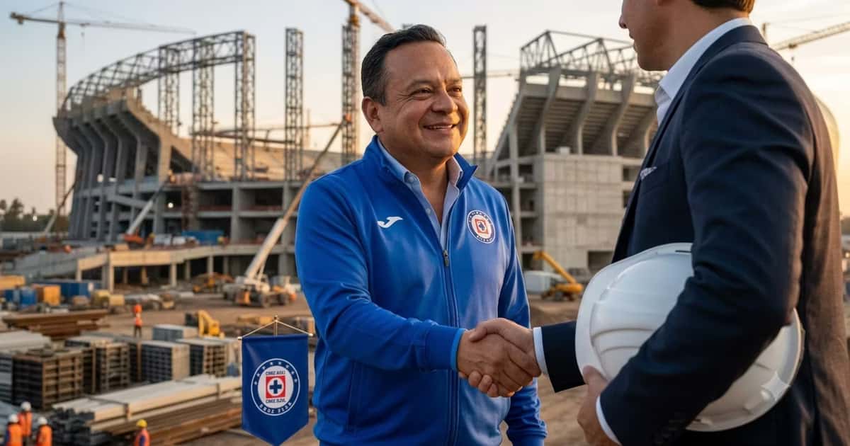 Presidente de Cruz Azul dandole la mano a un arquitecto y atrás el estadio de Cruz Azul