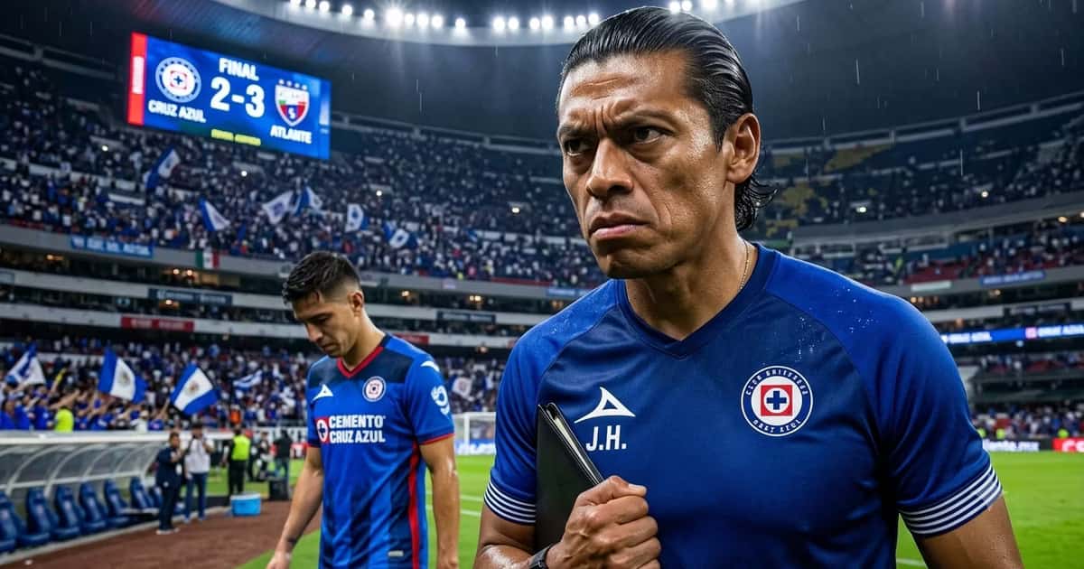 Joel Huiqui enojado en el Estadio Azteca junto a un jugador de Cruz Azul y una pantalla que refleja el resultado Cruz Azul 2, Atlante 3