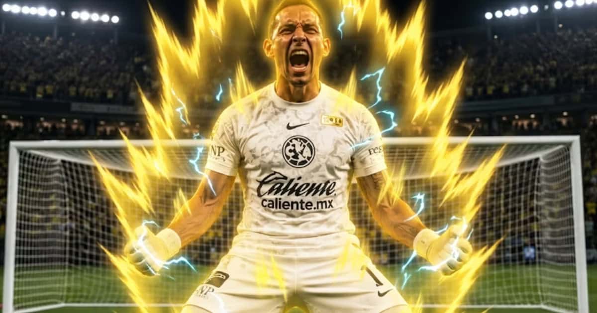 El arquero de Club América Rodolfo Cota cubierto en aura con el arco del Estadio Azteca detrás