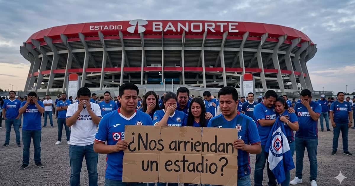Ilustración digital de aficionados de Cruz Azul en las afueras del Estadio Banorte