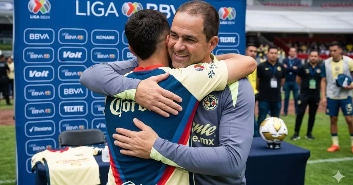 Ilustración de André Jardine abrazando un jugador del Club América