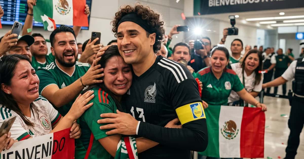 Guillermo Ochoa llegando a Ciudad de México y saludó con un niño