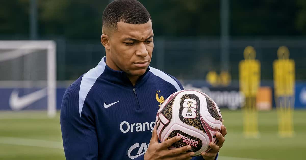 Kylian Mbappé examinó la válvula del nuevo balón antes de la semifinal del Mundial entre Francia y España.