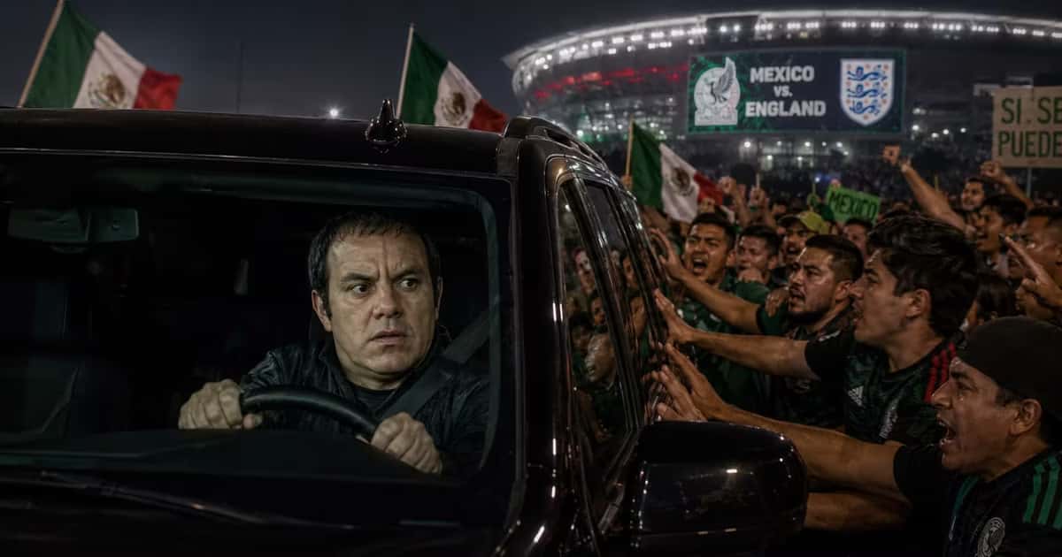 Aficionados mexicanos rodearon y marcaron una SUV negra tipo Cadillac Escalade donde viajaba Cuauhtémoc Blanco antes del México vs. Inglaterra.