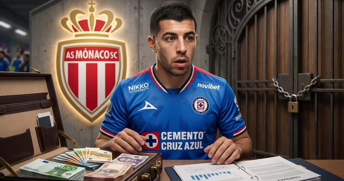 Erik Lira en un escritorio analizando un contrato y el escudo de AS Monaco detrás