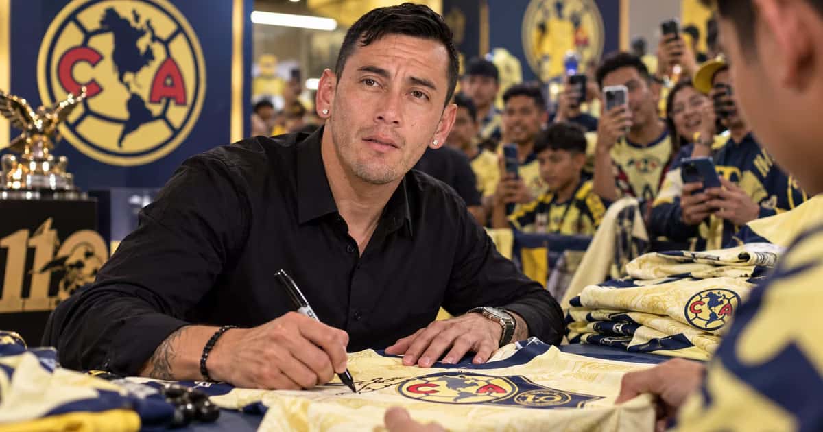 Rubens Sambueza firmando la camiseta de los 110 años.