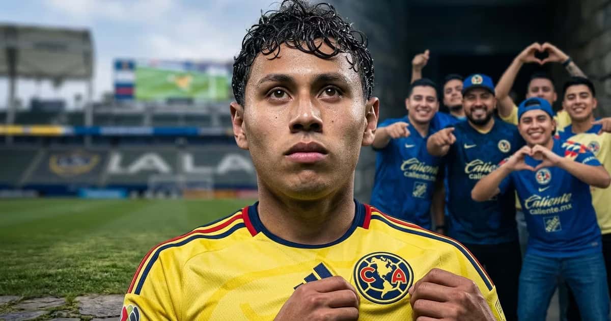 Edwin Cerrillo con la camiseta de Club América, con aficionados y el estadio de LA Galaxy detrás.