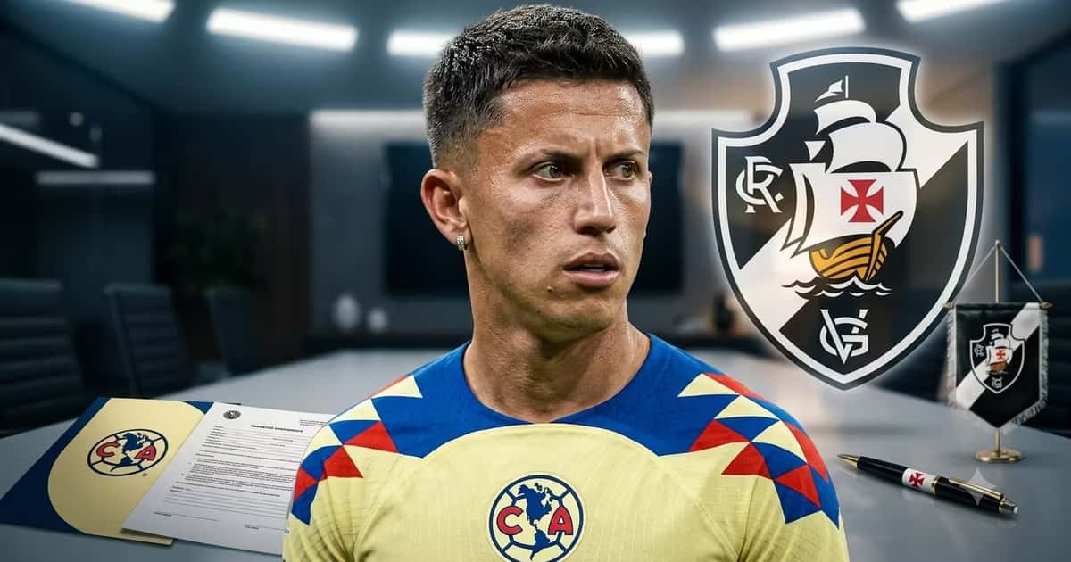 Brian Rodriguez junto al escudo de Vasco de Gama y atrás una mesa con un contrato.
