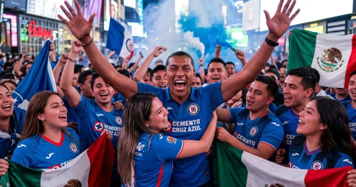 Joel Huiqui festejando en Times Square con aficionados de Cruz Azul