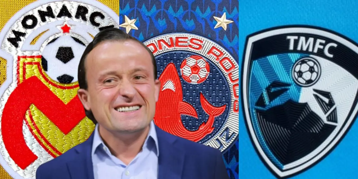 Mikel Arriola junto a escudos de Morelia, Veracruz y Madero / FOTO GETTY IMAGES